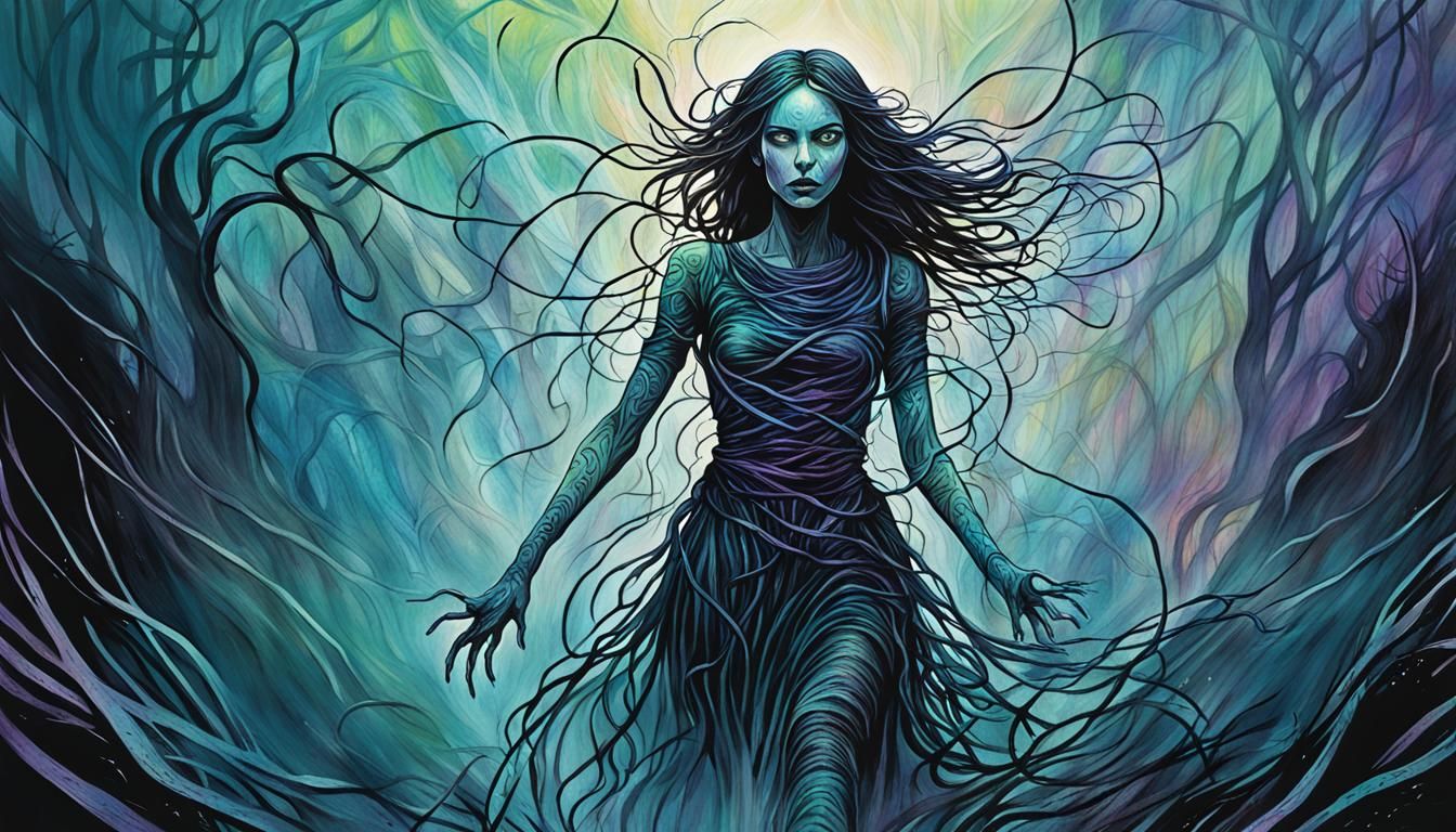 Spectral Girl Rises from Mists in Haunting Line Art