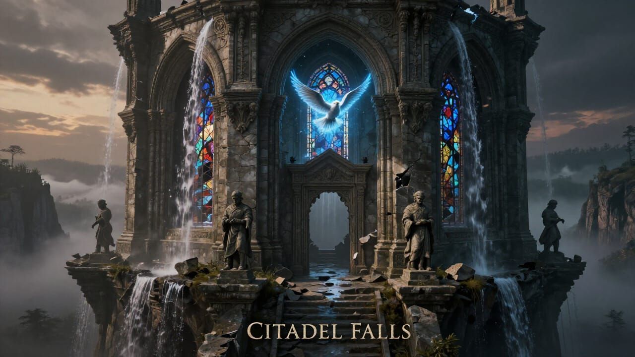 Ruined Citadel Falls Perched on Cliff Edge at Twilight