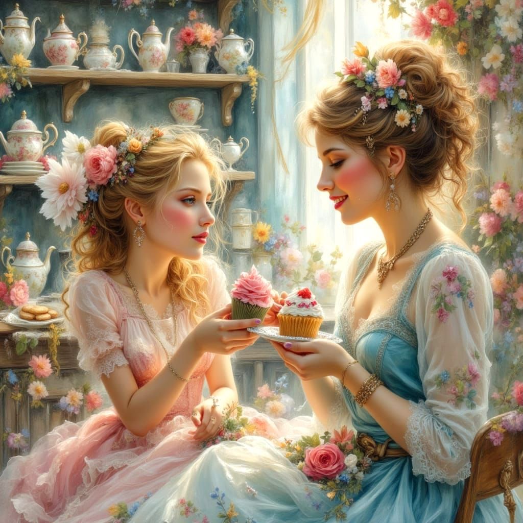 Vintage Teashop Scene: Lady Gifts Cupcake, Oil Painting Styl...