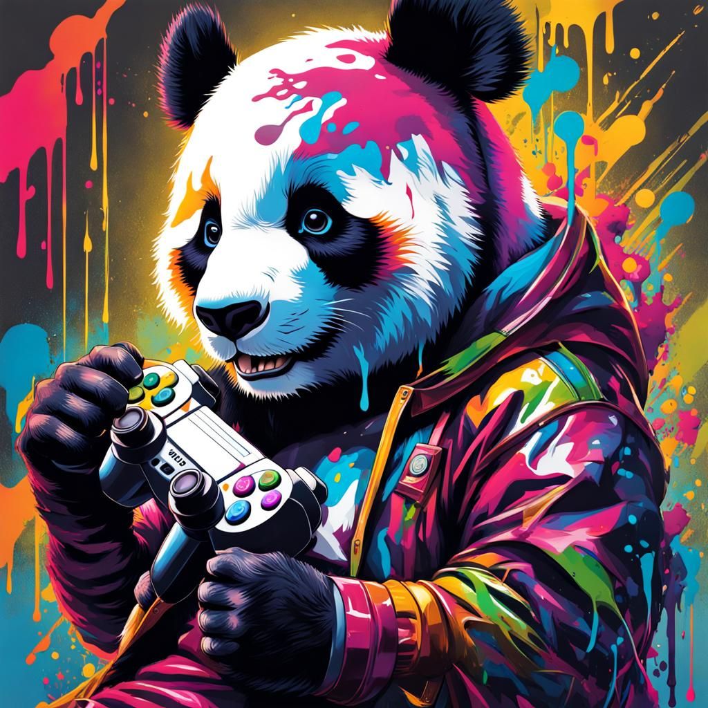 Panda Gaming with PlayStation Trophy in Graffiti Art