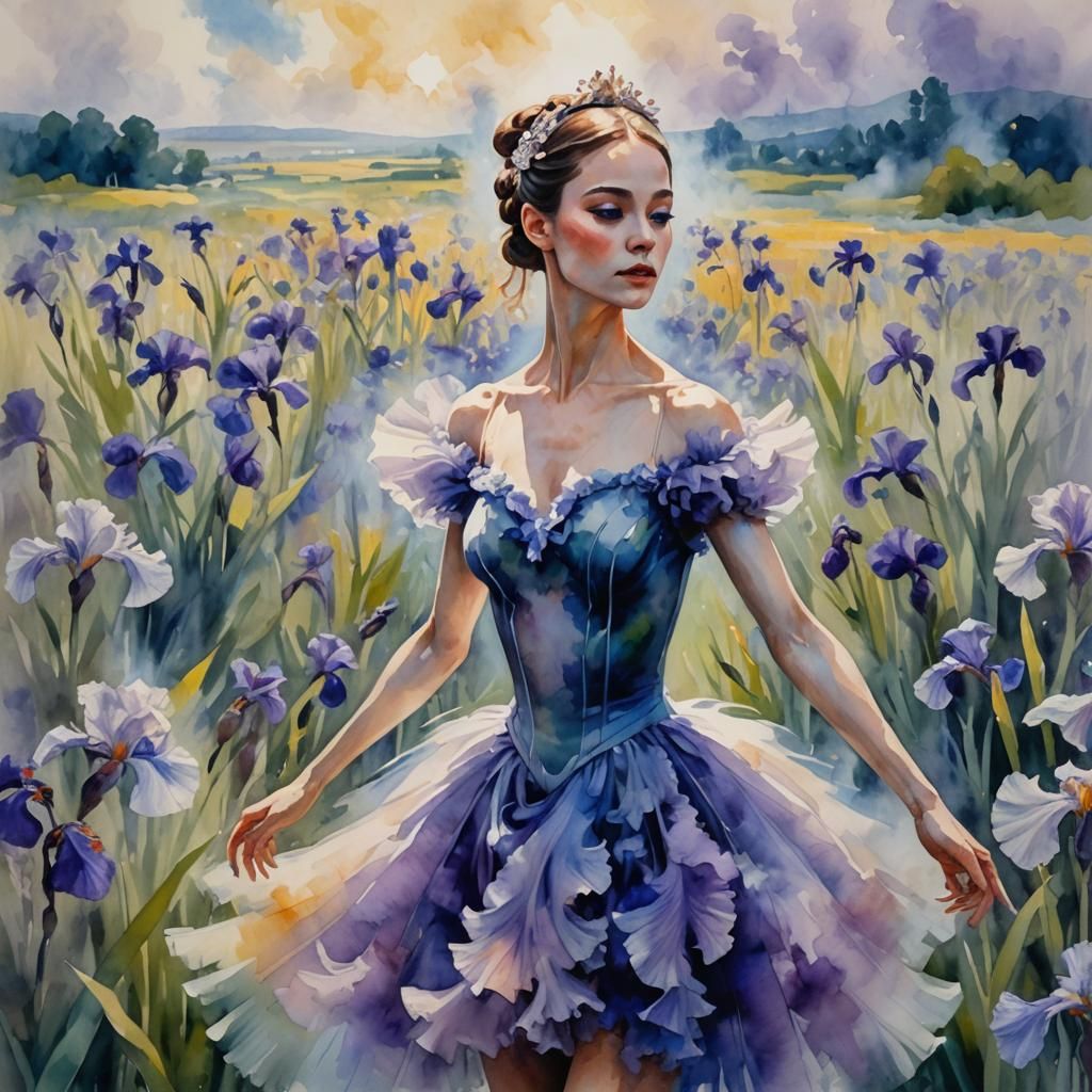 Smoky Ballerina in Iris Field: Gouache Impressionism