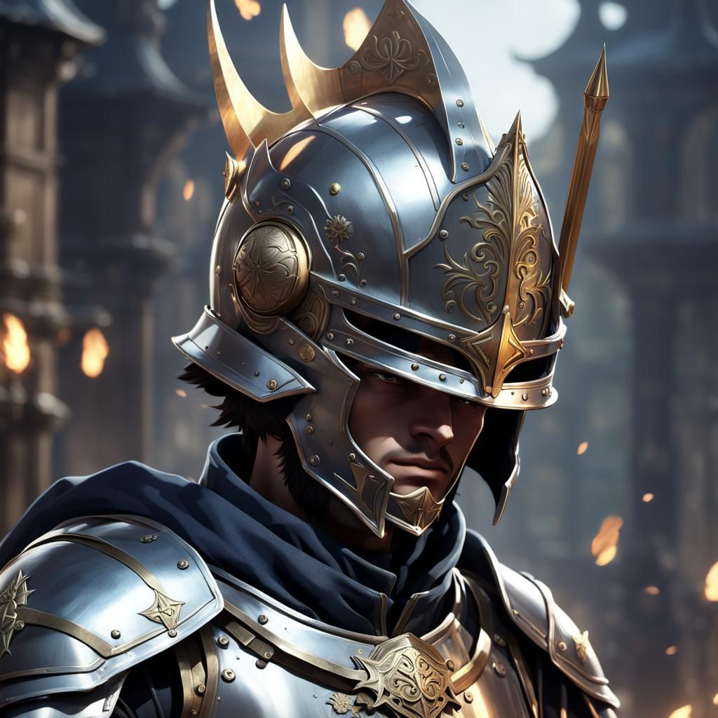 Handsome Knight with Helmet in Anime Style