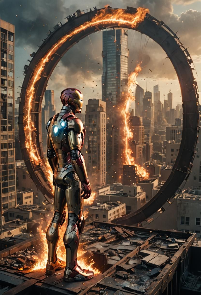 Iron Man on Ravaged City Rooftop in Cinematic Style