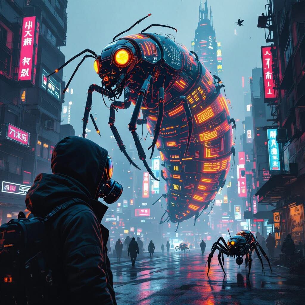 Cyberpunk Insect Cityscape with Robotic Arachnids