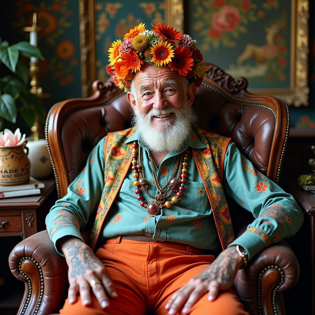 Tattooed Grandfather in Surreal High-Fashion Style