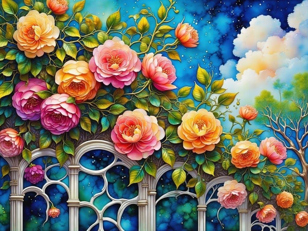 Impasto Oil Painting of Blooming Roses in a Serene Garden