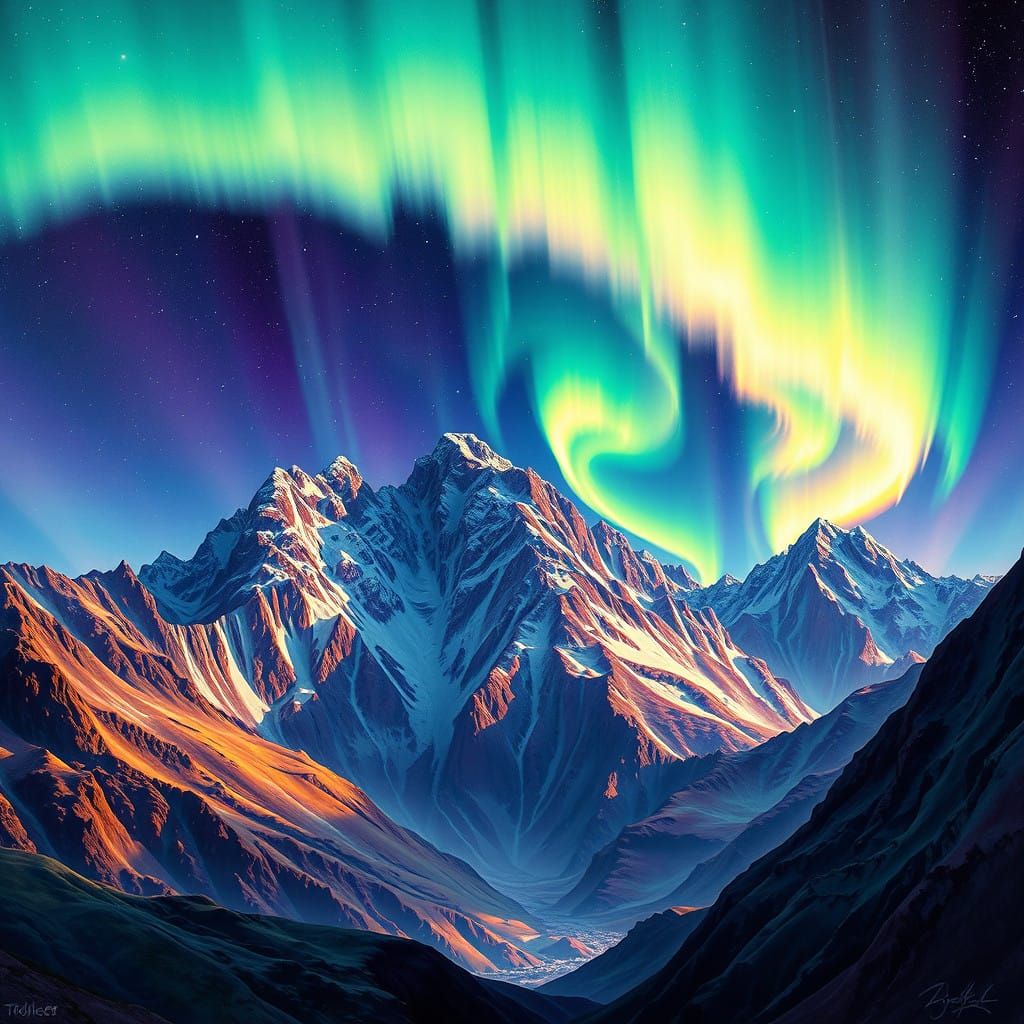 Ethereal Aurora Unfolds Over Fantastical Mountainscape