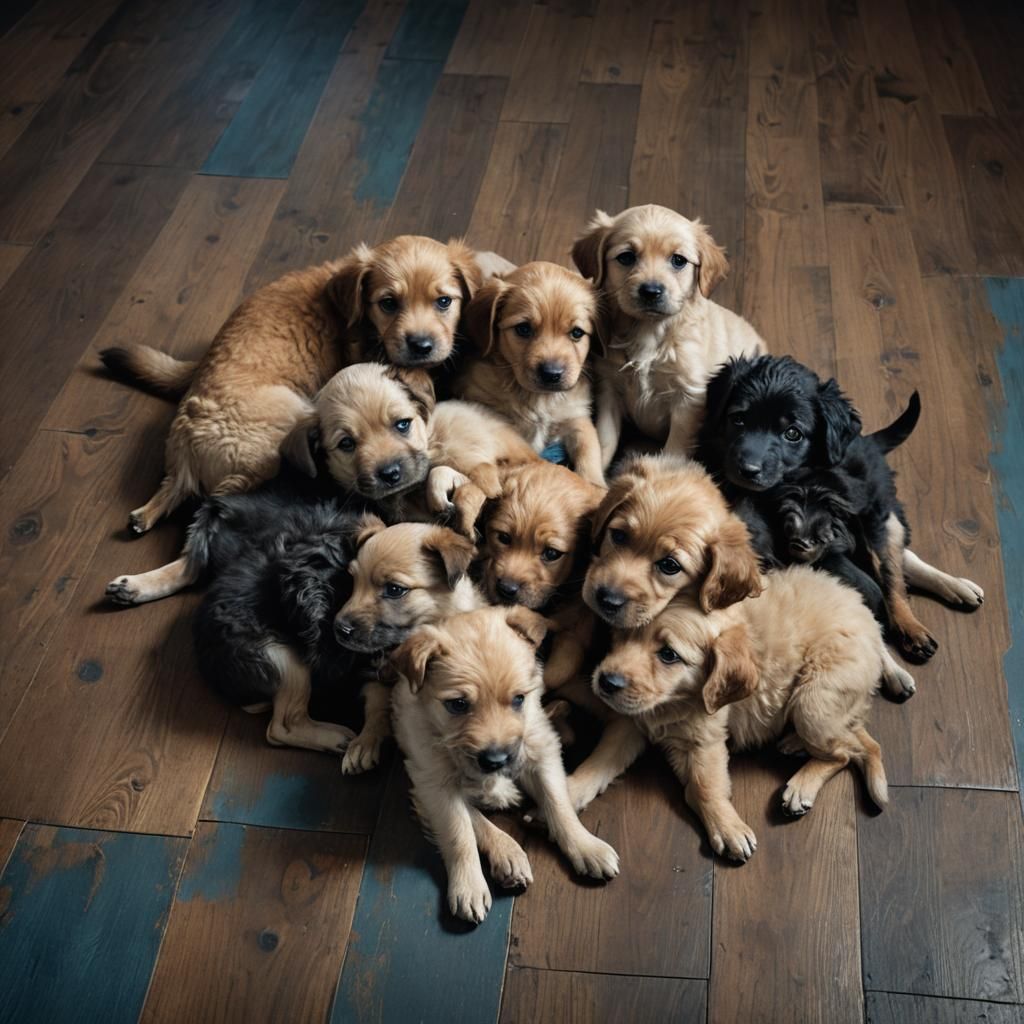 Hyper-Realistic Puppies Pile-Up in Moody Lighting