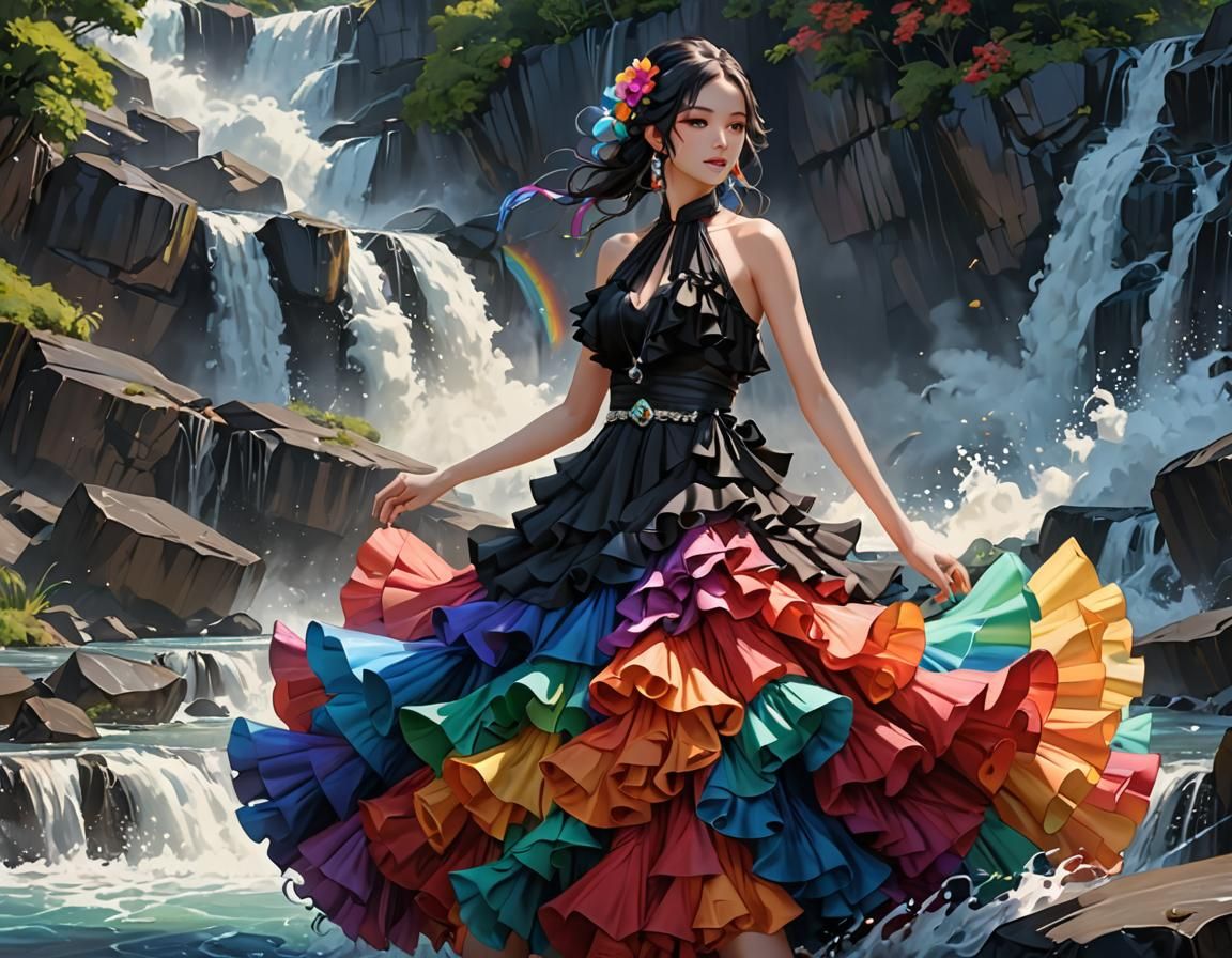 Rainbow Flamenco Dancer in Anime Style