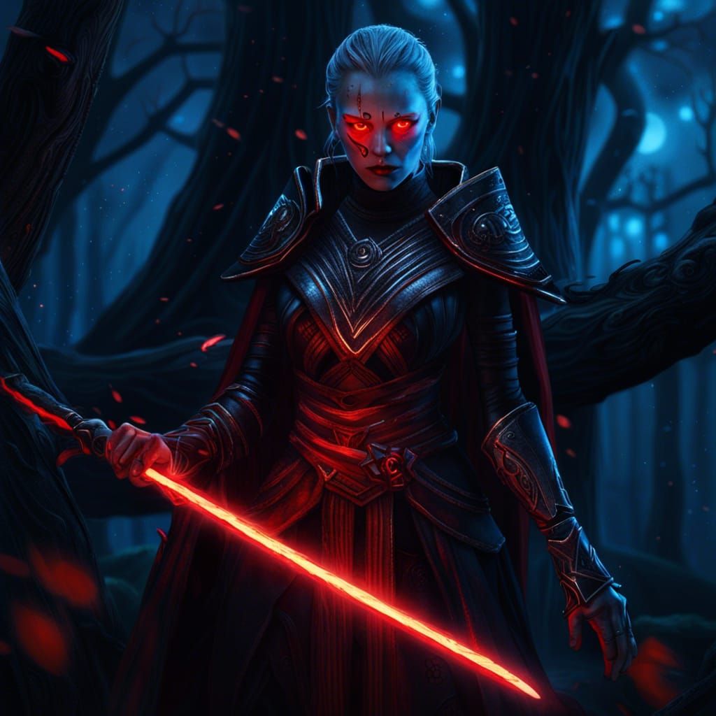 Female Sith Lord with Glowing Sword, Dark Fantasy Art