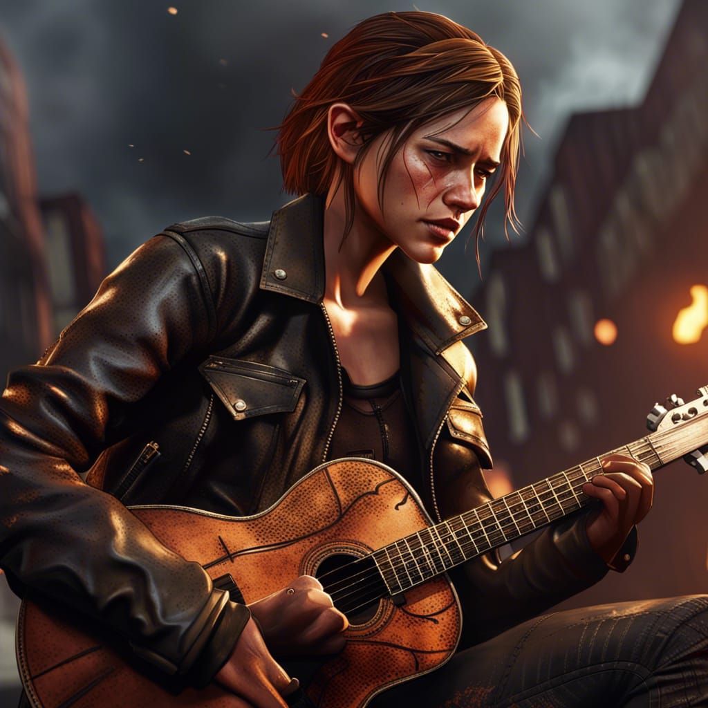 Furious Woman Smashes Guitar in Burning City Photo