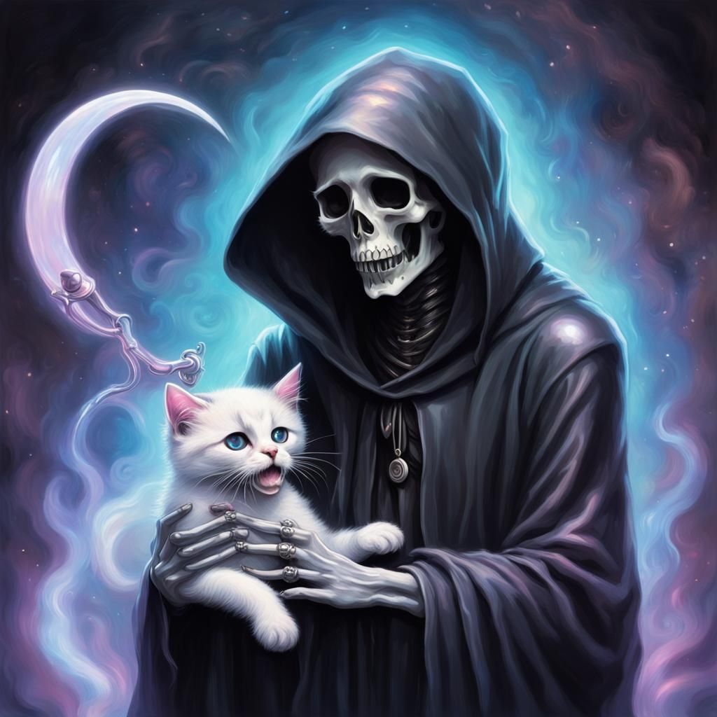 Grim Reaper's Tender Moment with Kitten Soul
