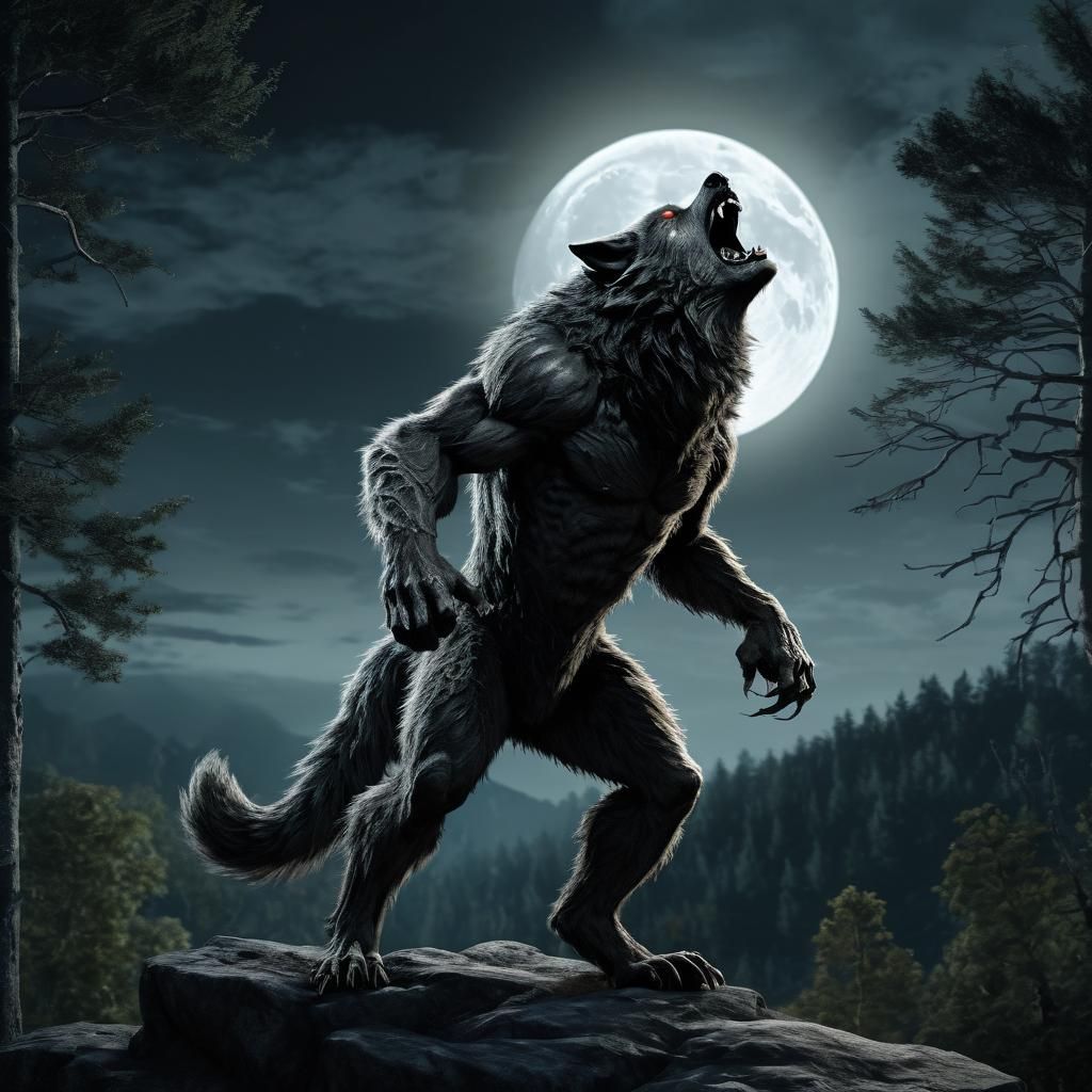 Hyper-Detailed Werewolf Howling at Moon Above Forest