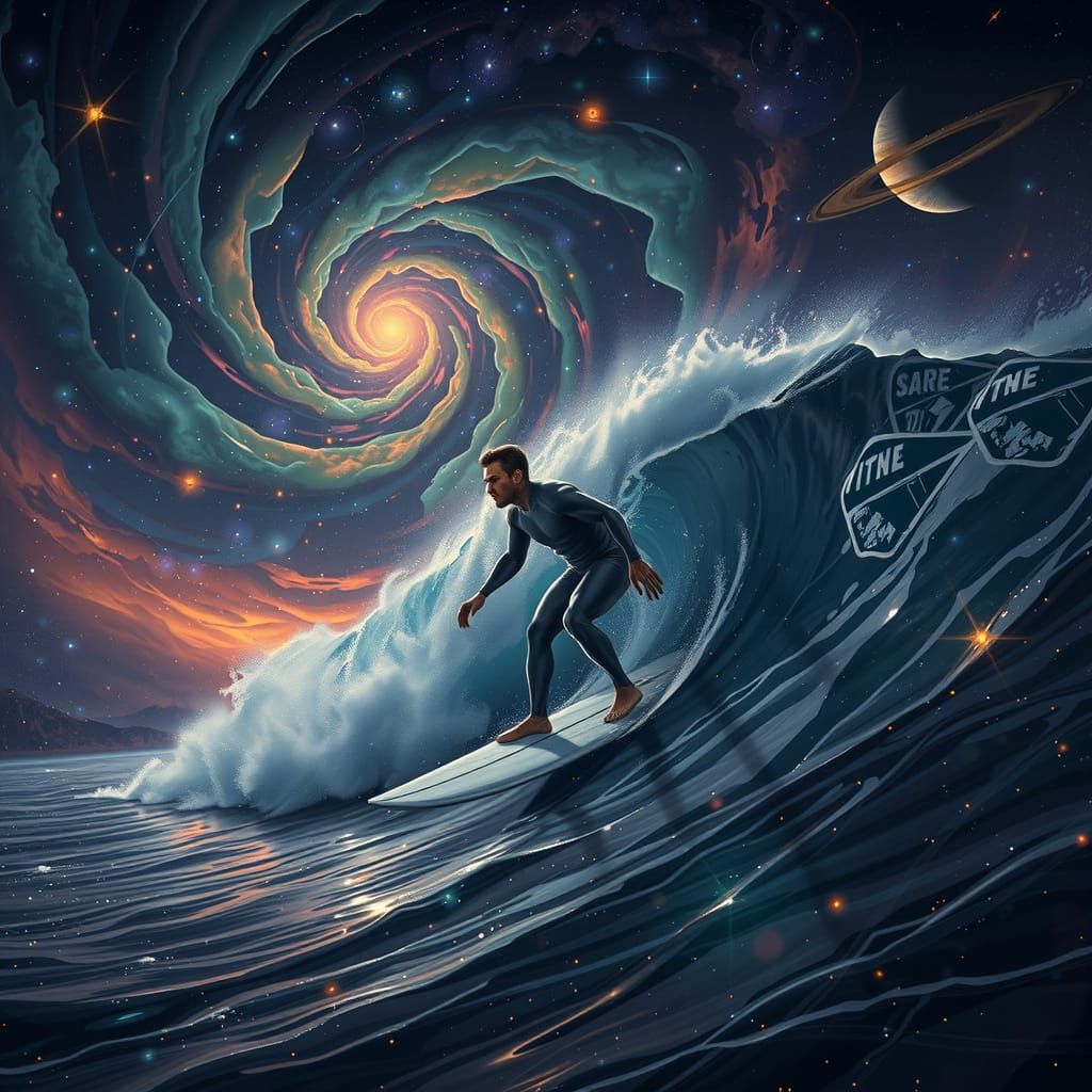 Black Surfer Rides Cosmic Wave in Hyperrealistic Digital Art