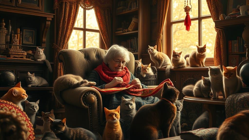 Elderly Woman Surrounded by Cats in a Cozy, Fantastical Room
