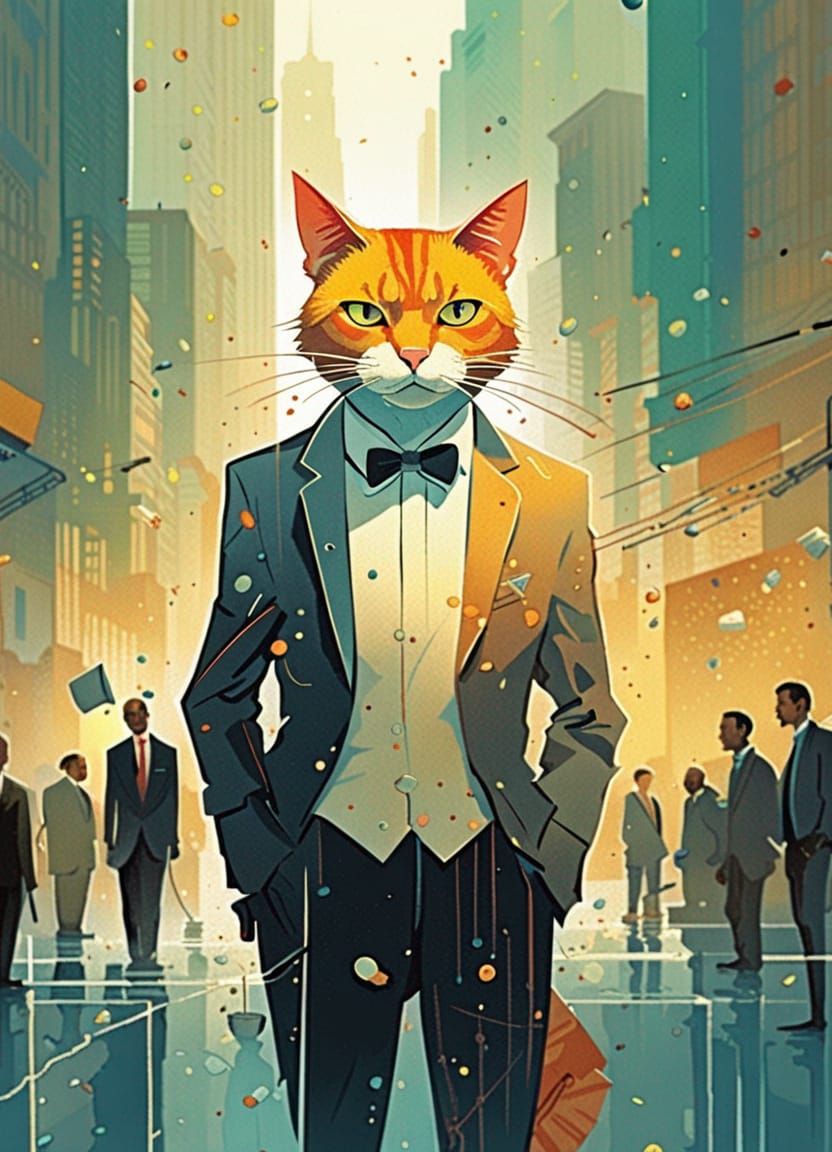 Cat in Suit with Cityscape, Composite Art