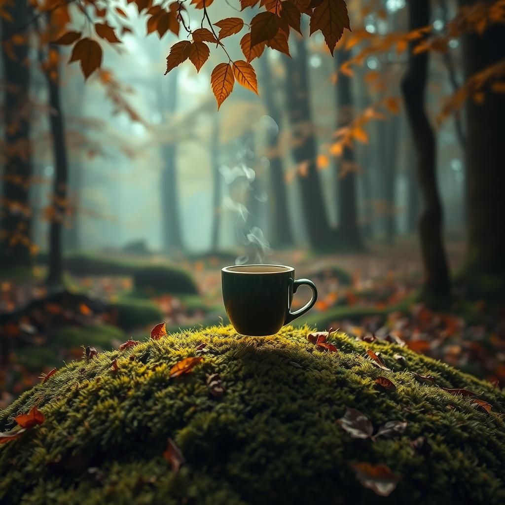 Steaming Coffee Cup Falling in Autumn Forest