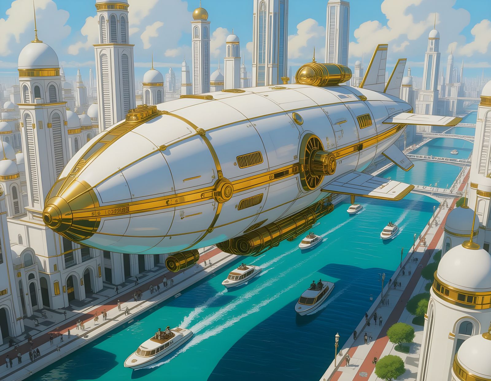 Steampunk Airship Over Futuristic Venice City