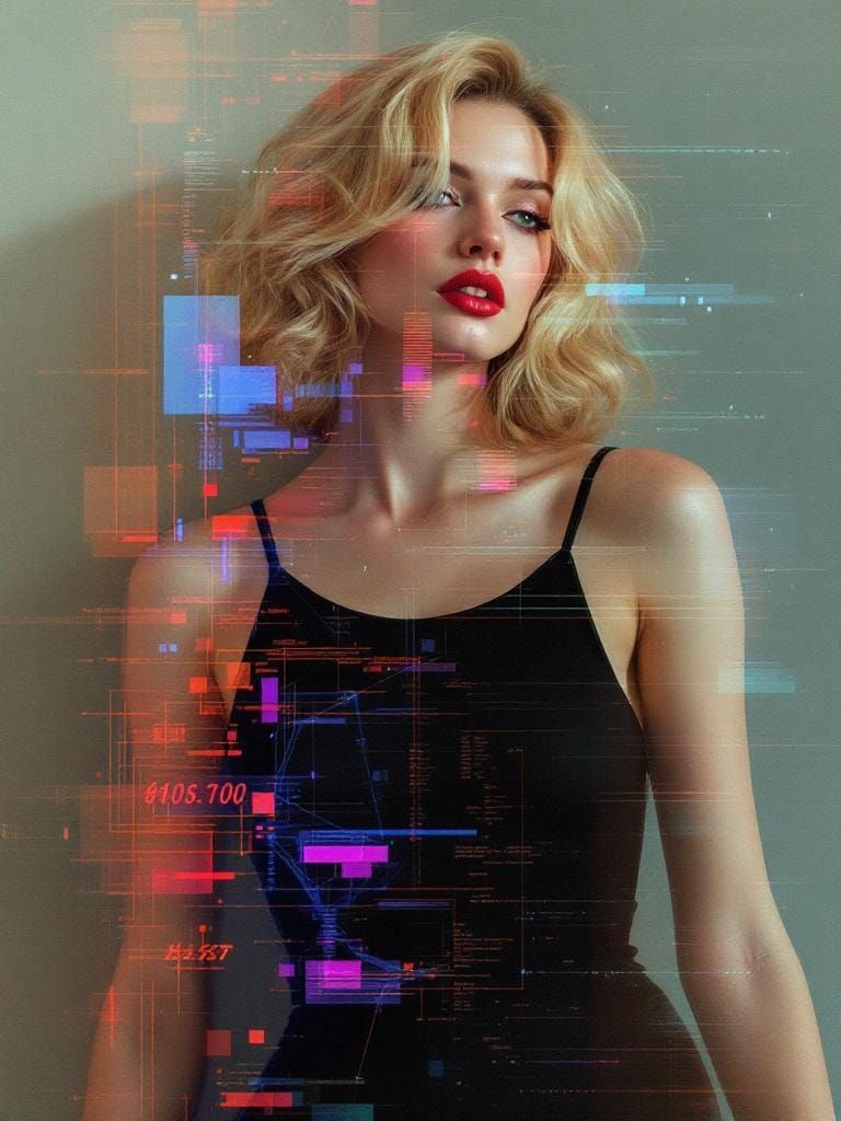 Glitch Art Pin-Up in Art Nouveau Style