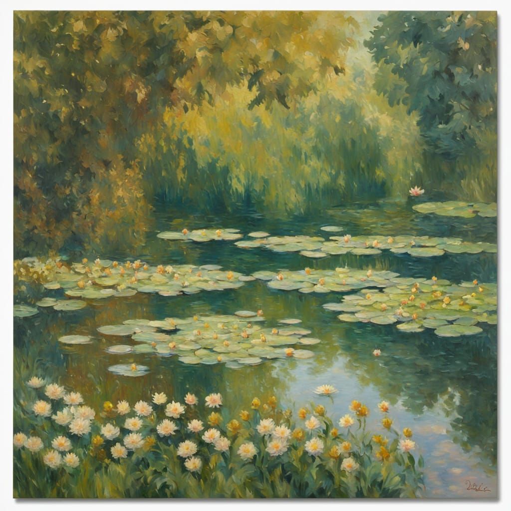 Neo Impressionist Lake Scene with Waterlilies and Ducks