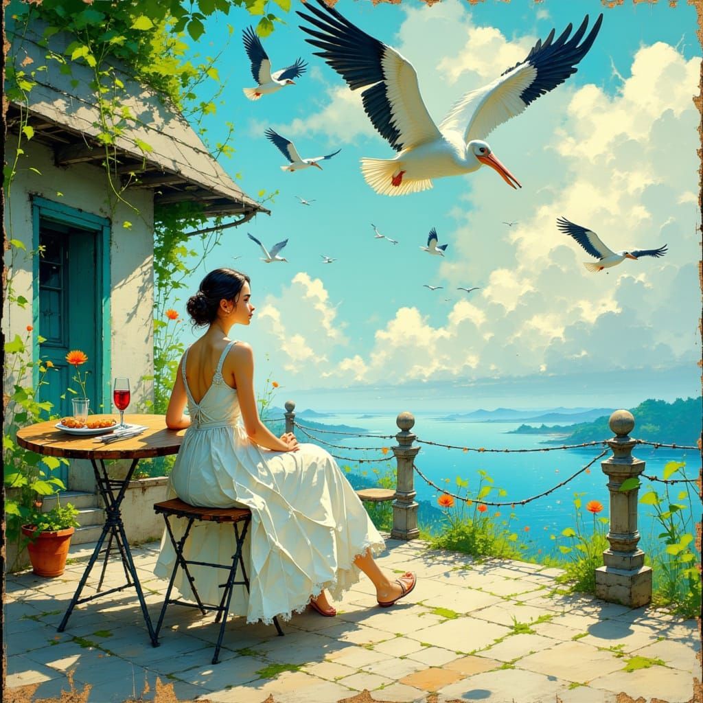 Woman at Cafe with Pelicans, Impressionist Style