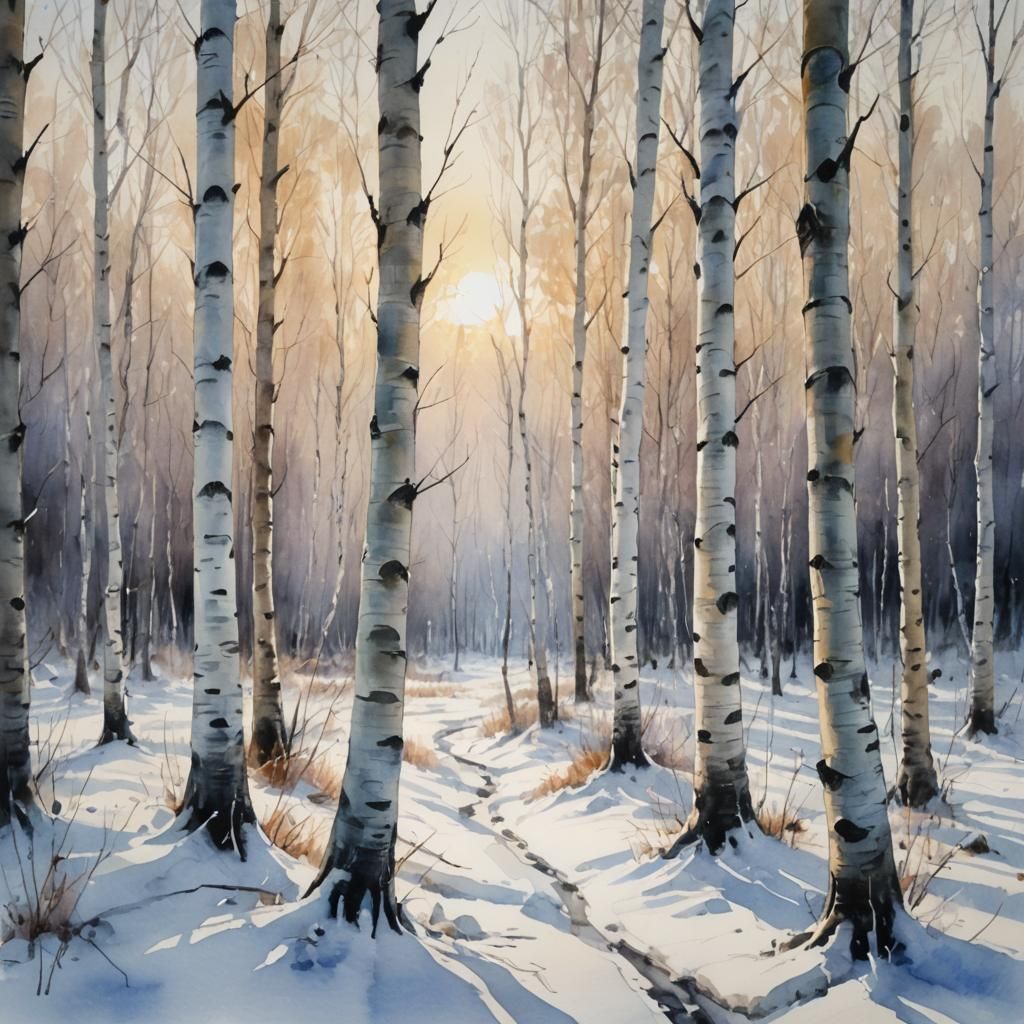 Snowy Birch Forest in Watercolour Style