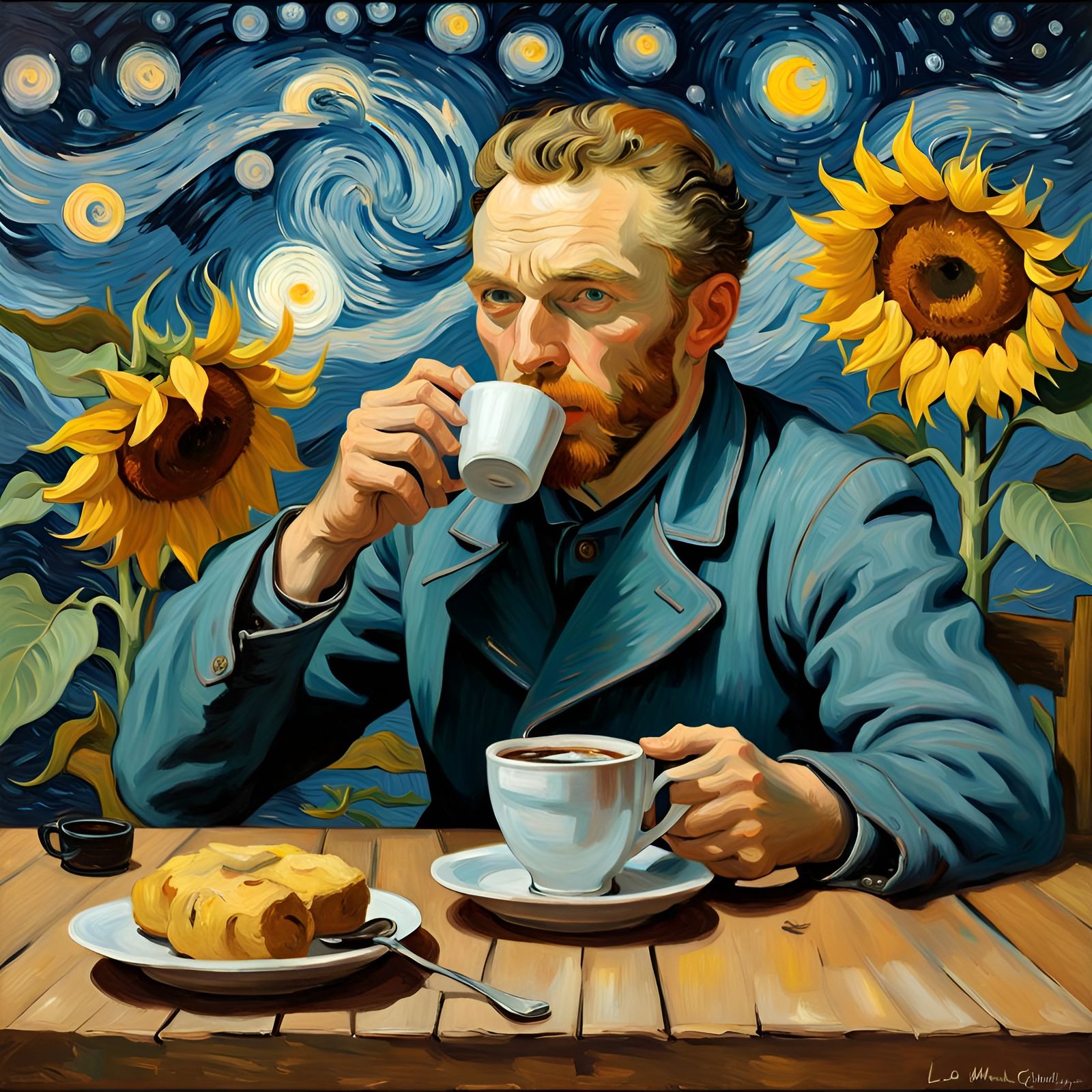 Van Gogh Self-Portrait Drinking Coffee, Oil Painting