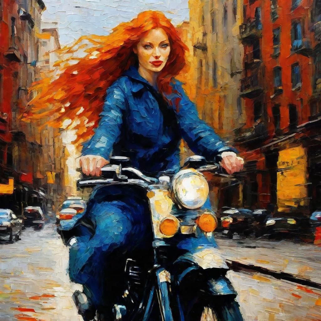 Redhead Girl Motorcycle Ride in Impasto Style
