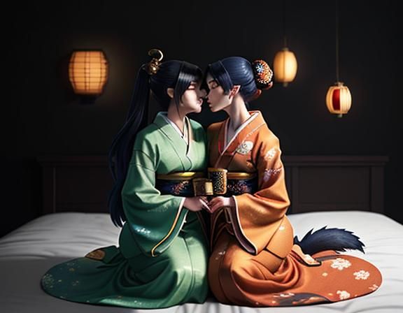 Kitsune Twins Kissing in Anime Style