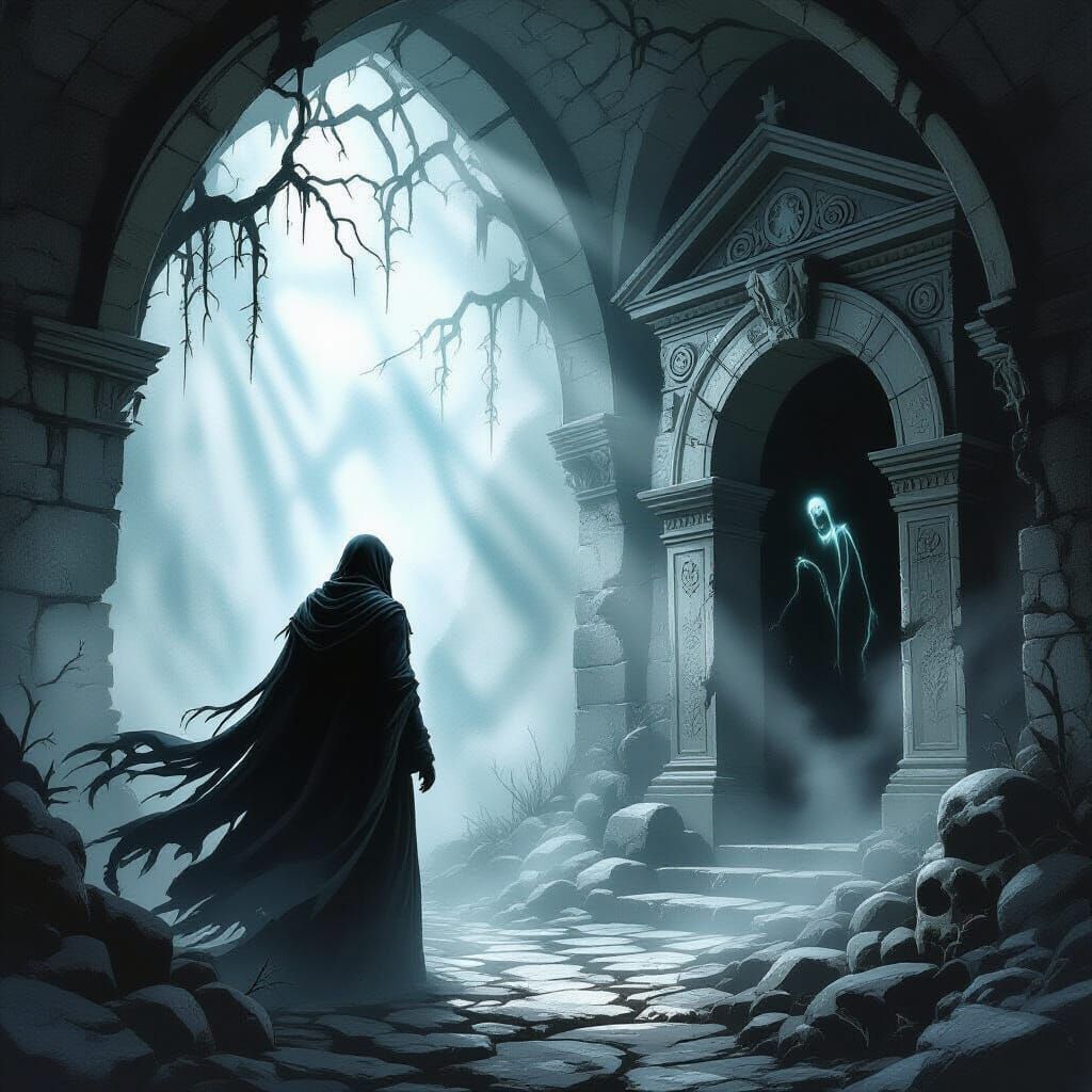 Gothic Crypt Scene With Shadows And Spirits