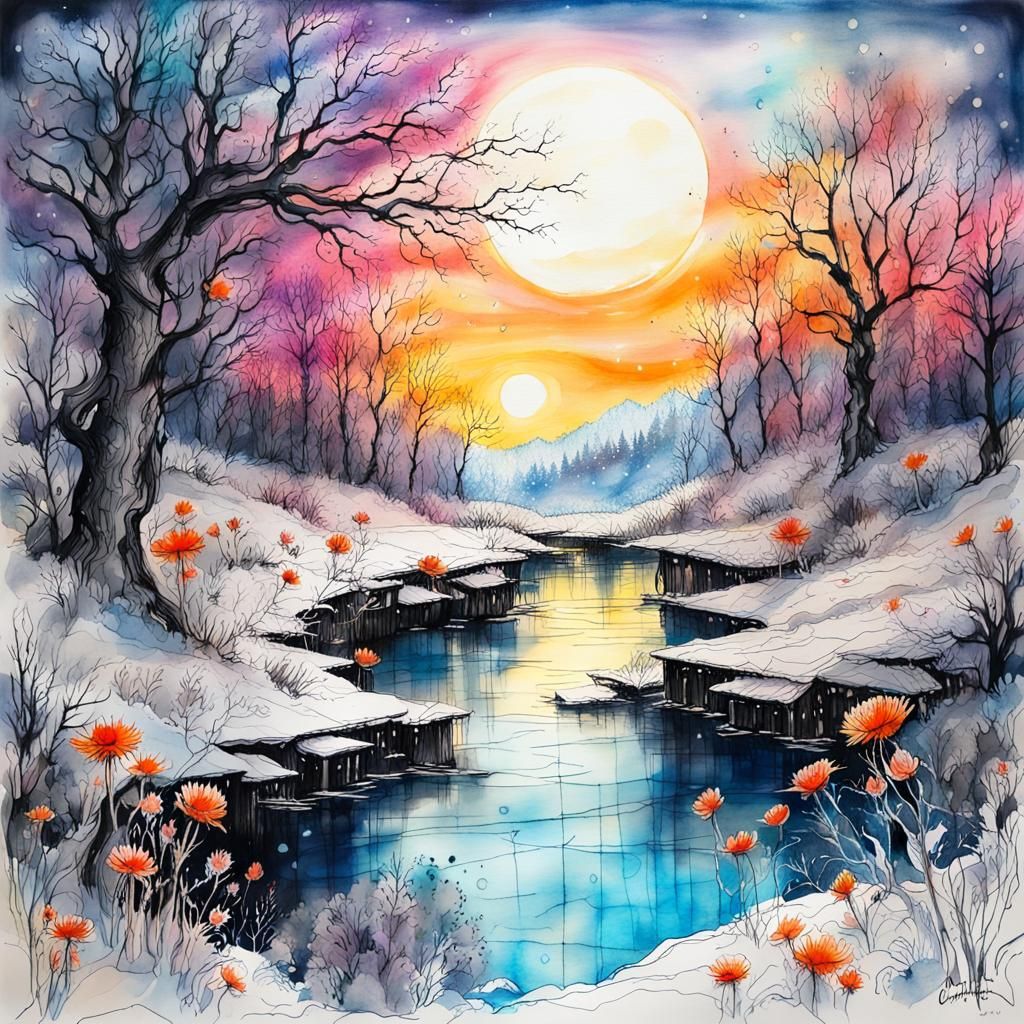 Surreal Fantasy Landscape with Sun, Flowers, and Water in In...