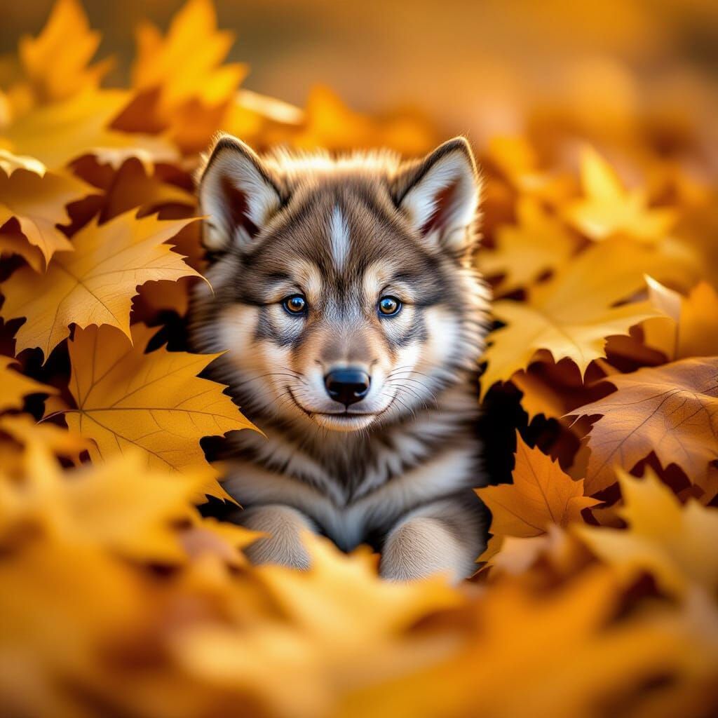 Fluffy Wolf Puppy in Autumn Leaves - DSLR Photo