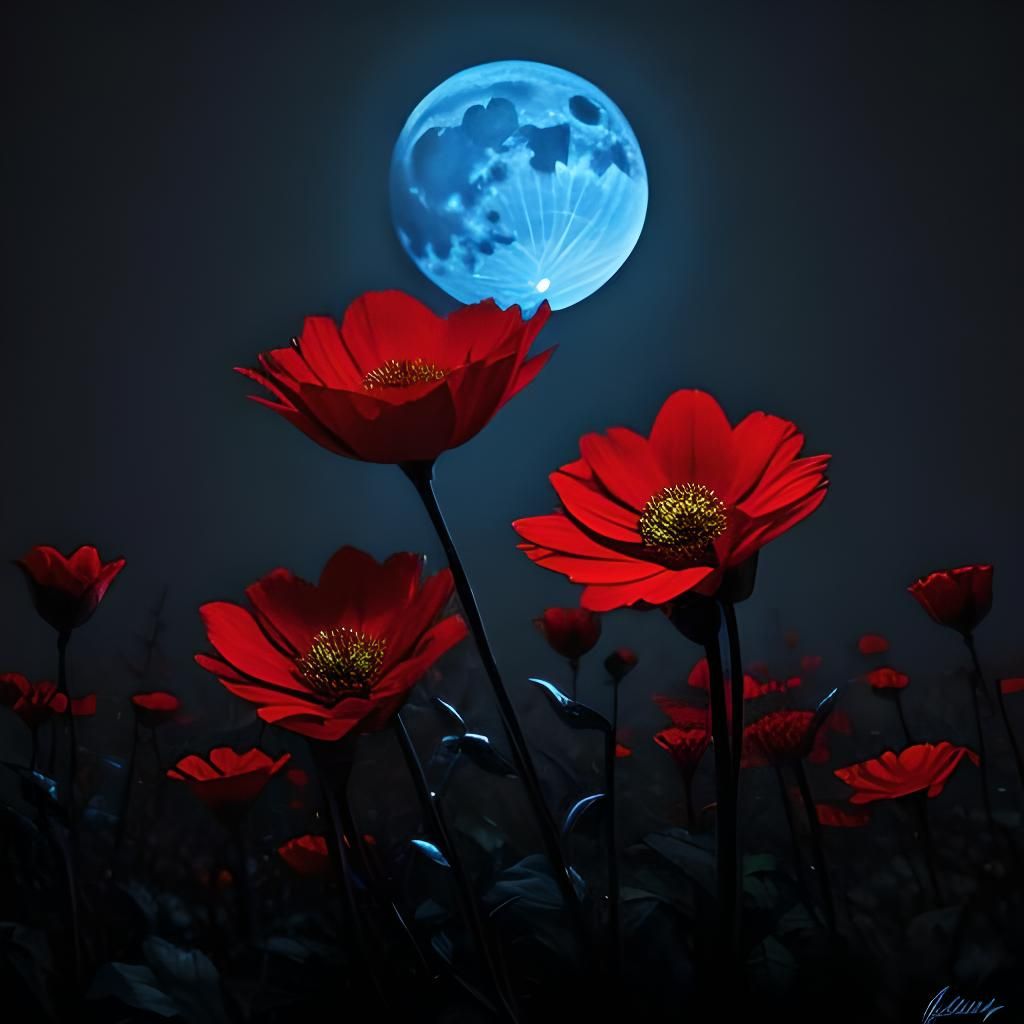 Red Nocturnal Flowers Under a Blue Moon