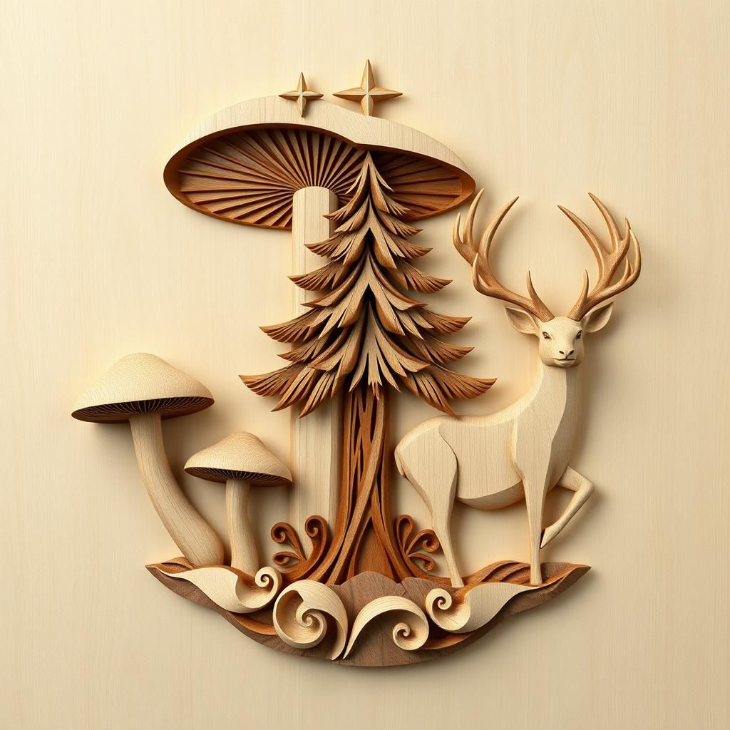 Erzgebirge Wood Carving: Deer, Fir Tree, Mushrooms in Cubist...