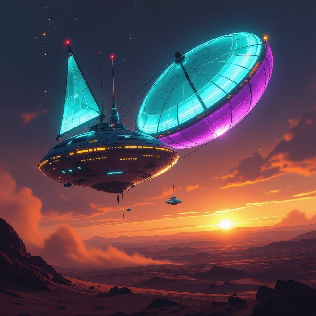 Martian Aerostat with Glowing Sails Above Stormy Landscape