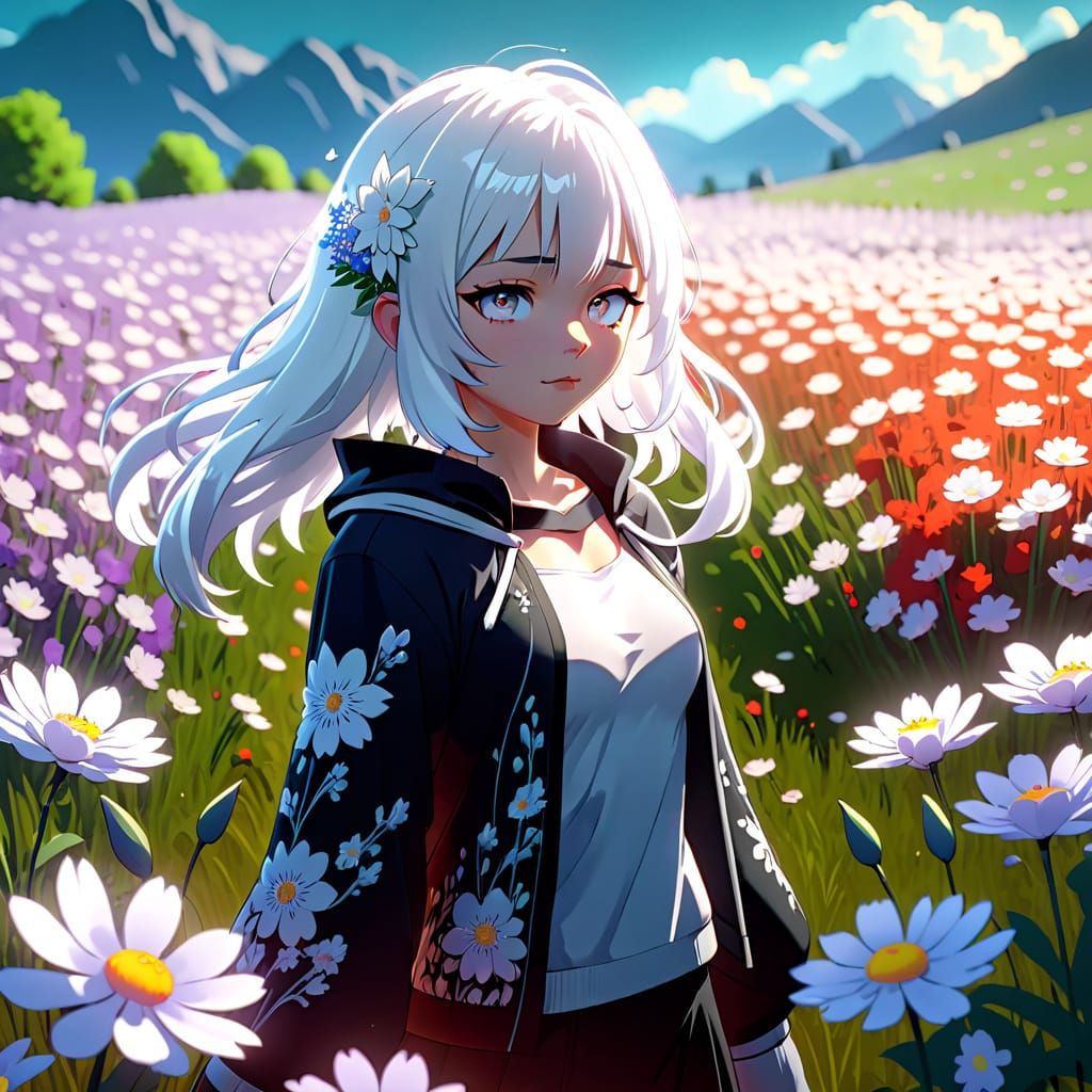 3D Anime Art: Woman in Flower Field