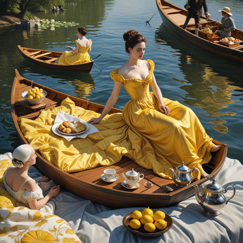 Lady in a Bright Gown on a Secluded Boat Scene