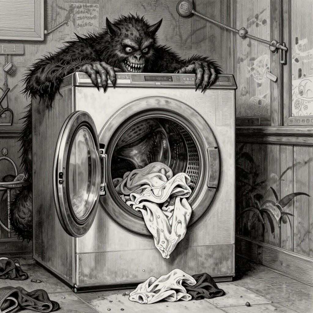 Horror Washer Machine Monster Devouring Clothes in Gustave D...