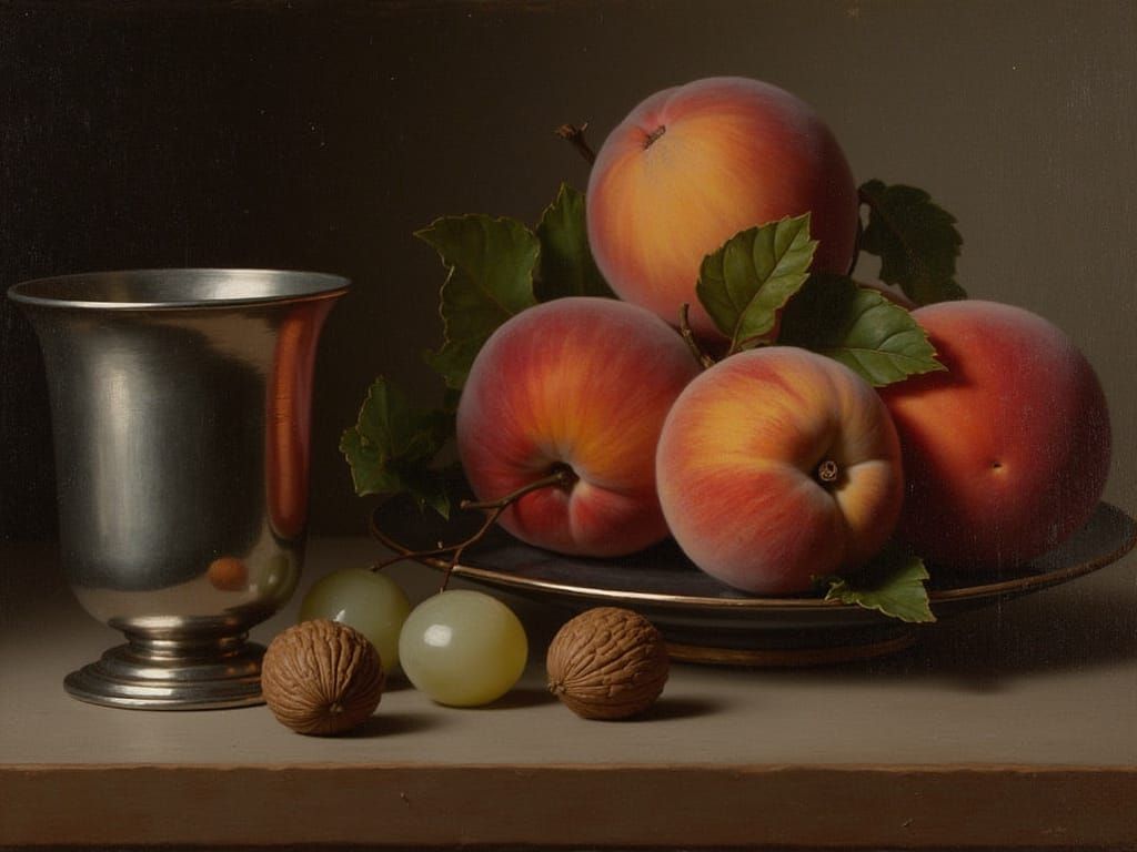 Realistic Still Life Painting of Peaches and Grapes