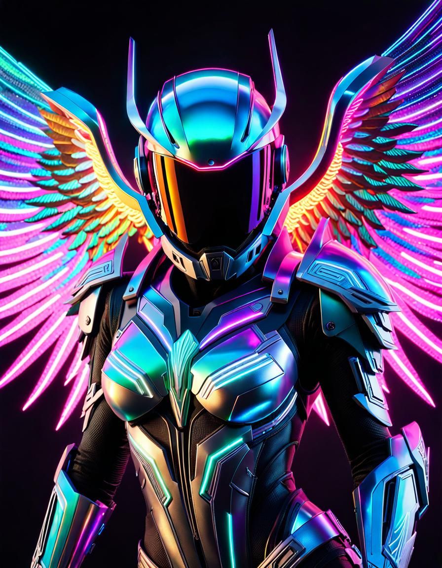 Dark Fantasy Android Angel with Neon and Cosmic Details