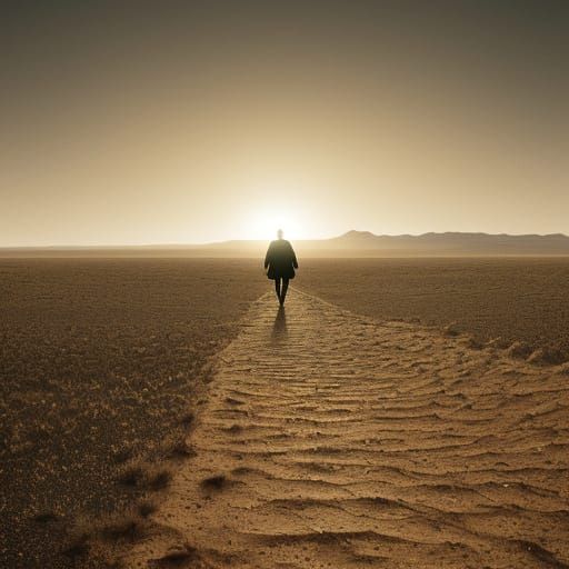 Lone Figure Walks Towards Hopeful Light in Barren Landscape