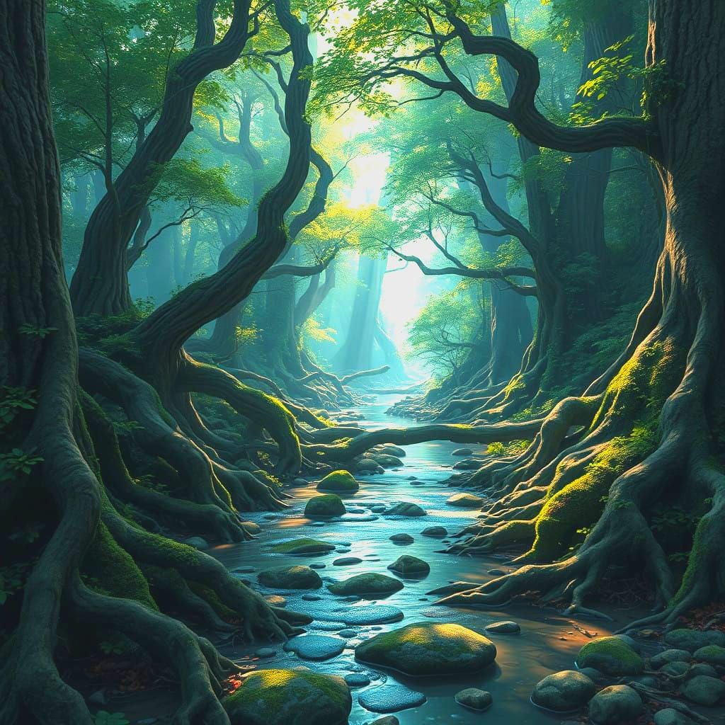Mystical Forest Stream in Detailed Fantasy Art