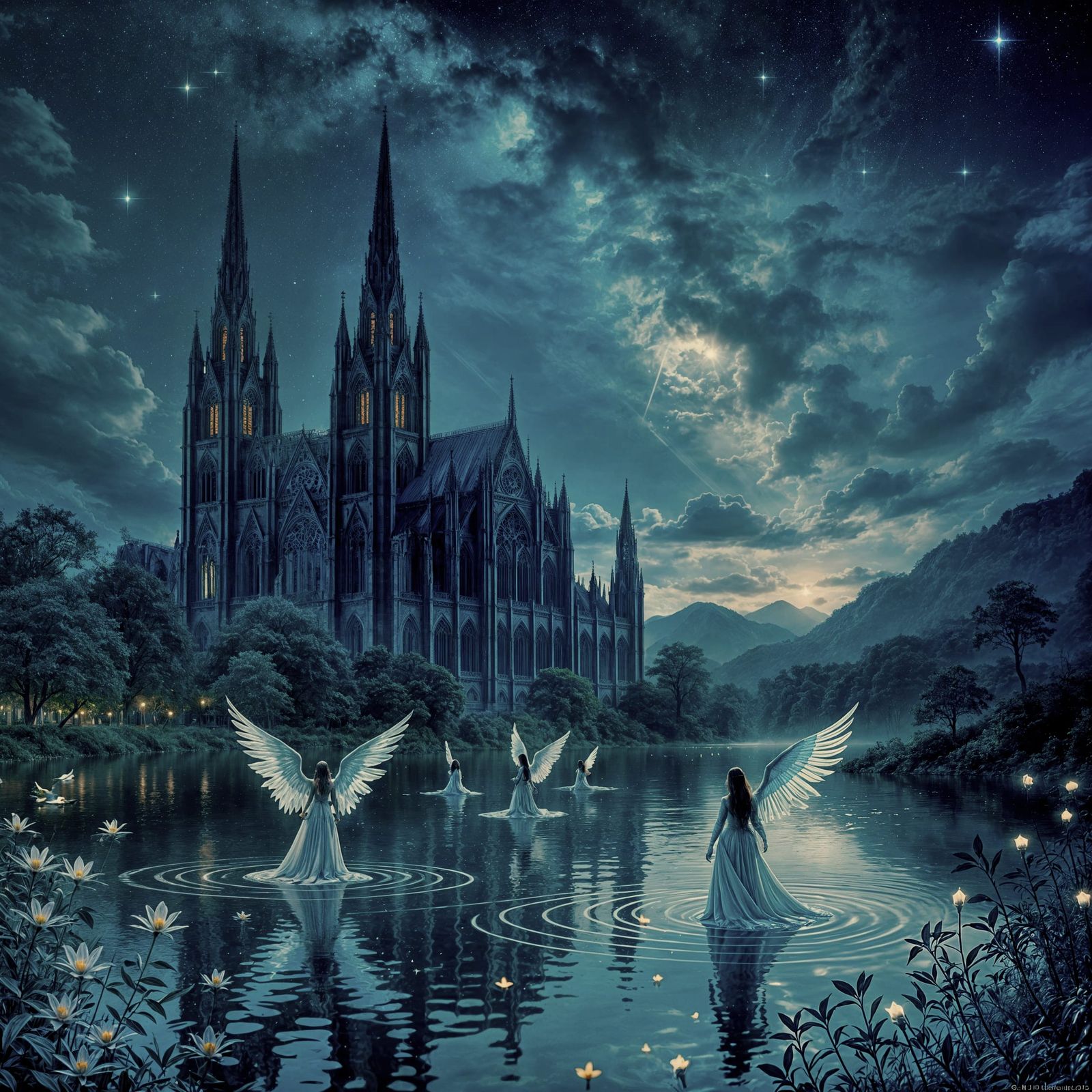 Bioluminescent Gothic Cathedral in Vaporwave Colors