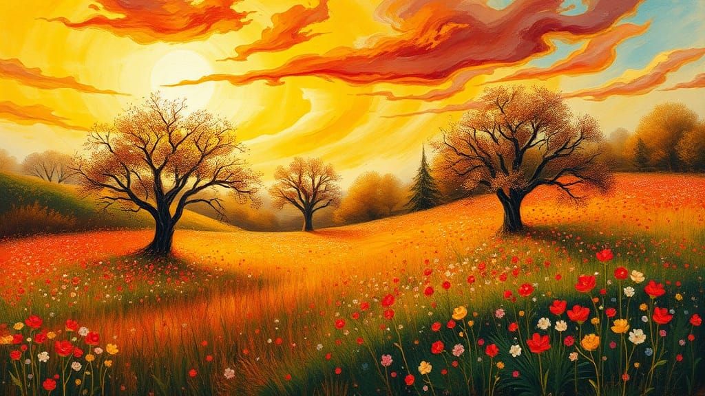 Spring Meadow Landscape with Expressive Impressionist Stroke...