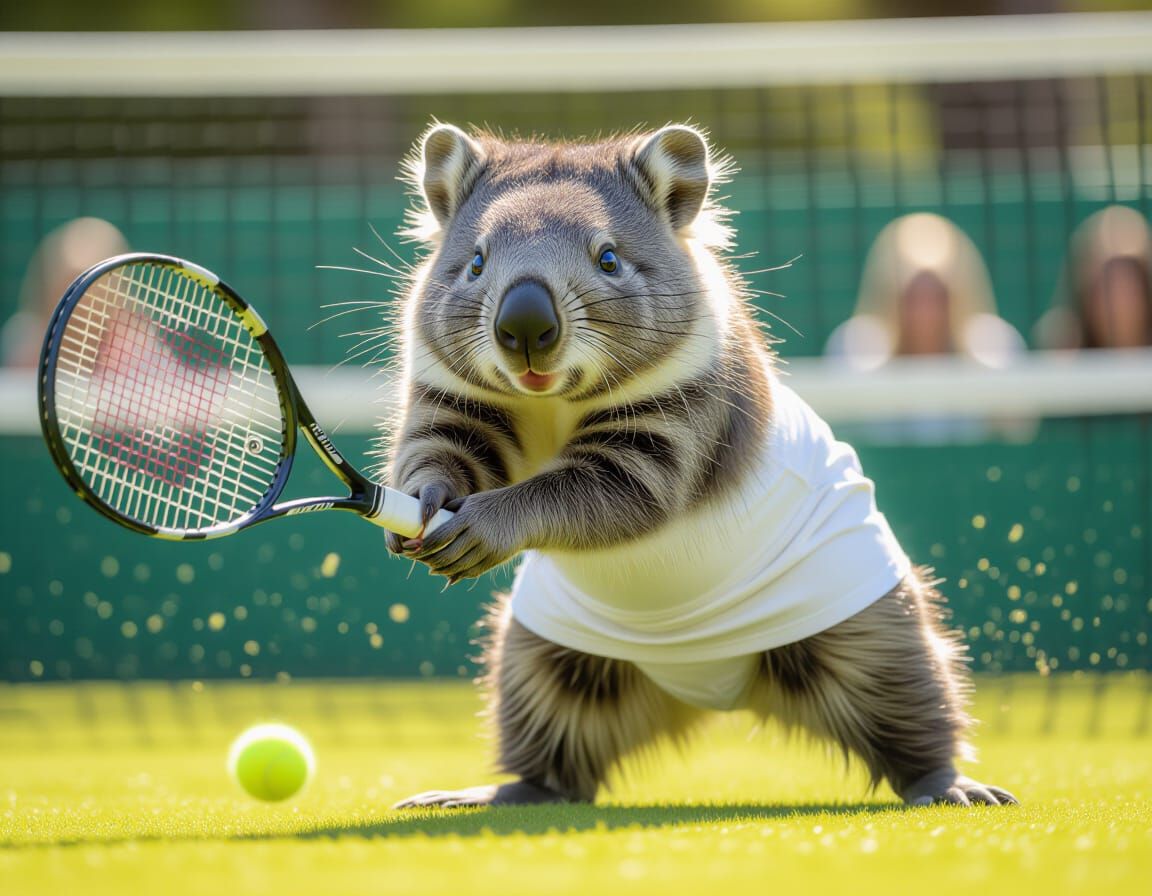 Wombat Tennis Player in Action, Hyperrealistic Style