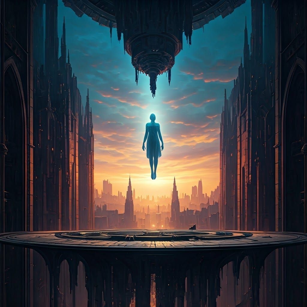 Mysterious Ethereal Apparition in a Fantastical Cityscape