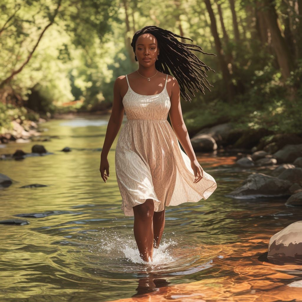 Black Woman Wades Through Forest Stream in Serene Summer Sce...