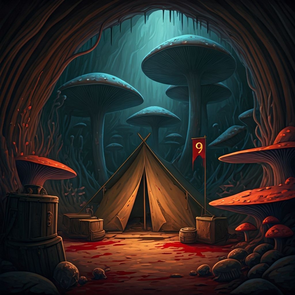 Eerie Abandoned Campsite in Mushroom Cave, Dark Fantasy Styl...