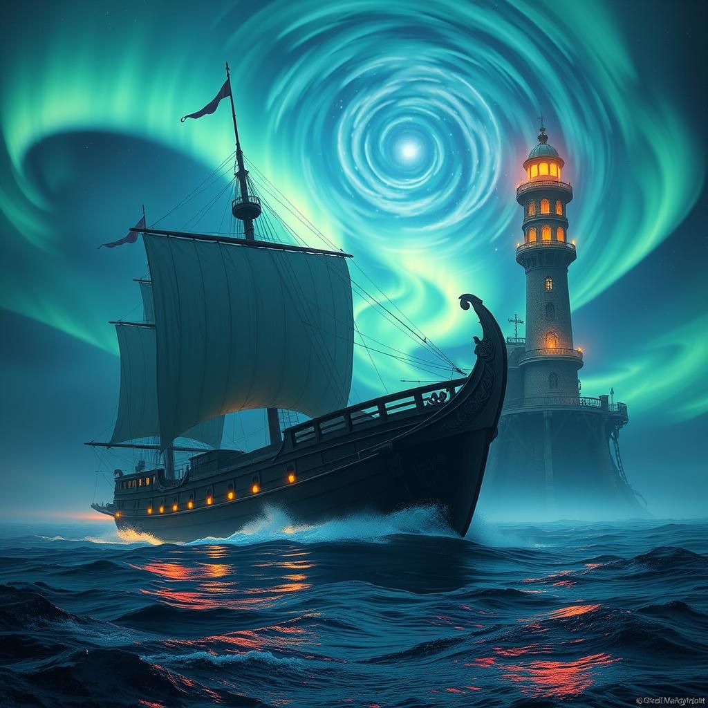 Magical Ship Sails Past Floating Lighthouse Under Aurora