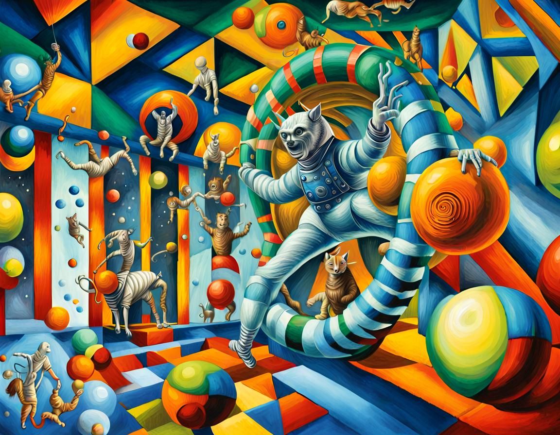 circus scene ring, trapeze artists, clowns, trained horses a...